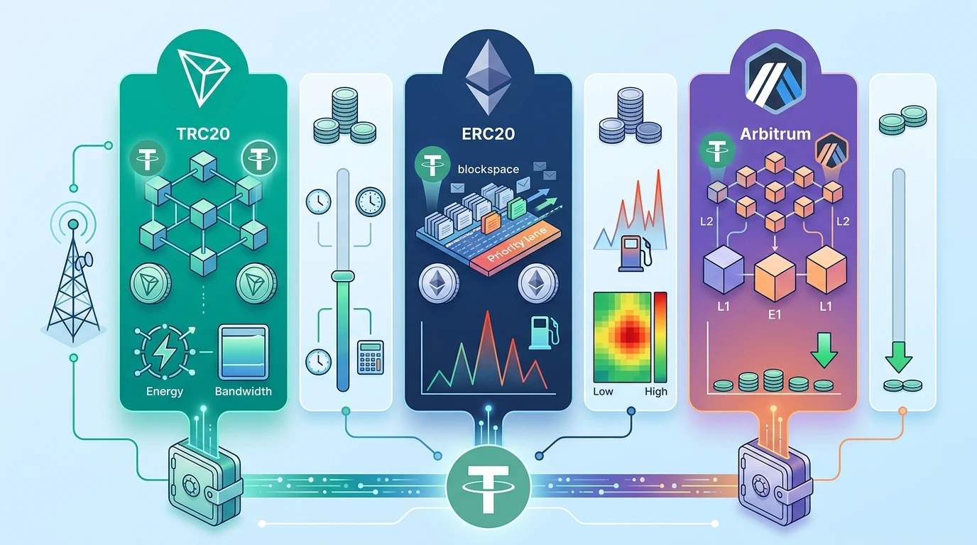 Prowizje i sieci transferowe dla USDT. Porównanie kosztów przesyłu Tethera na sieciach Tron (TRC20), Ethereum i Arbitrum
